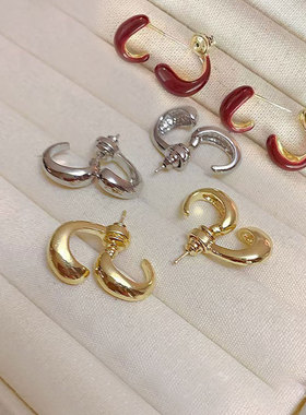 法式简约金属C形交叉银针耳环高级感女轻奢小众耳钉时尚百搭耳饰