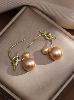 法式复古大小珍珠C形打结银针耳环女小众设计高级感耳钉个性耳饰