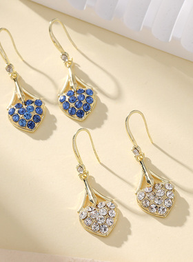 超仙气质蓝色白K爱心锆石镶钻几何设计耳环新款高级轻奢百搭耳饰