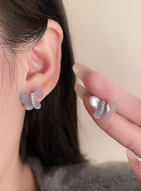 蓝色幻彩细闪锆石蝴蝶耳环高级感女轻奢小众耳饰925银针耳钉饰品