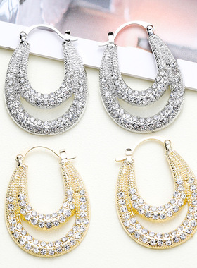 欧美ins夸张独特镶钻U形几何双层耳扣女轻奢小众设计高级感耳饰