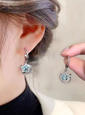 镶钻蓝色环绕星星耳环韩系高级感耳饰925银针耳钉女甜酷风饰品