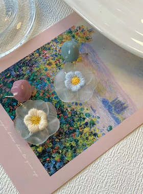 软fufu~奶蓝紫温柔树脂针织花朵手作原创耳环法式复古油画风耳饰