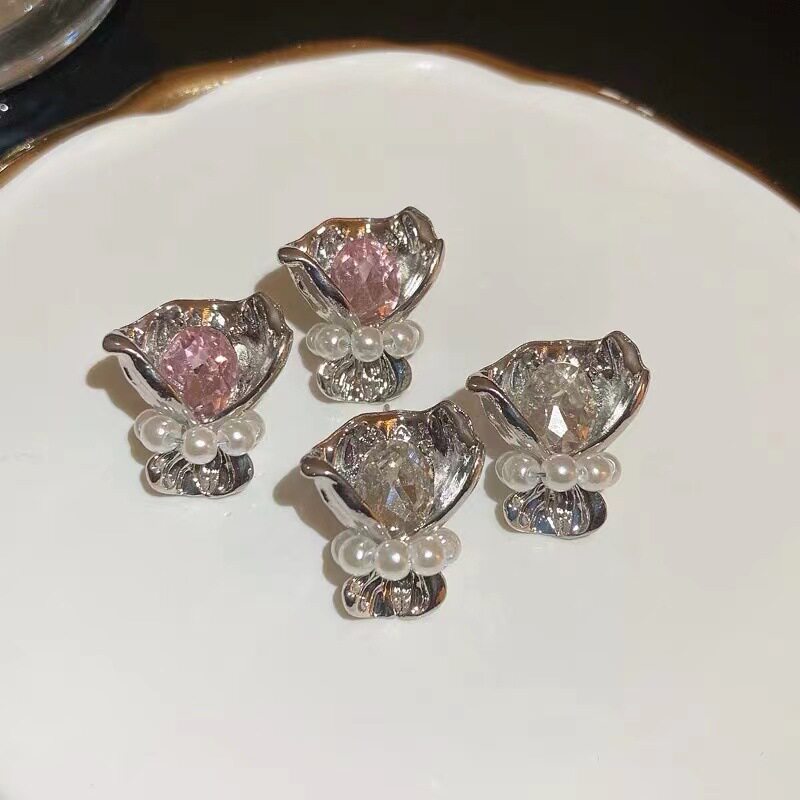 褶皱珍珠镶钻花束袋子耳环甜酷风设计感银针耳钉时尚百搭新款耳饰