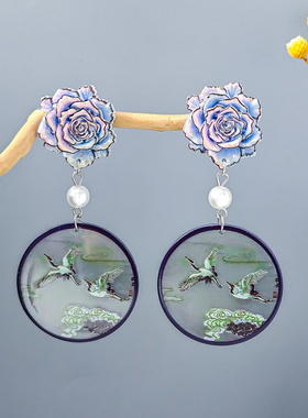 银针新中式复古几何圆形仙鹤耳坠 国潮古风汉服配饰花朵珍珠耳环