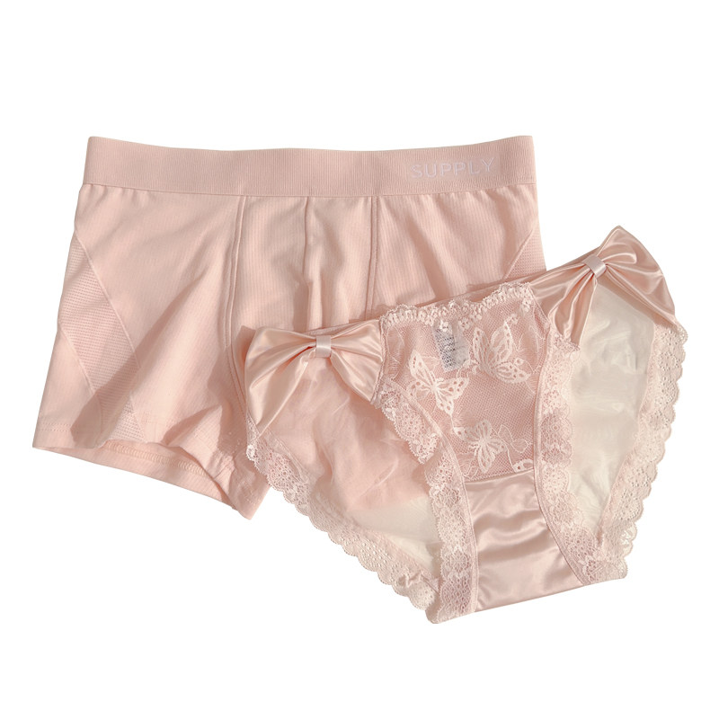 柔情似水粉色缎面性感透明蕾丝网纱低腰一男一女情侣内裤男士平角