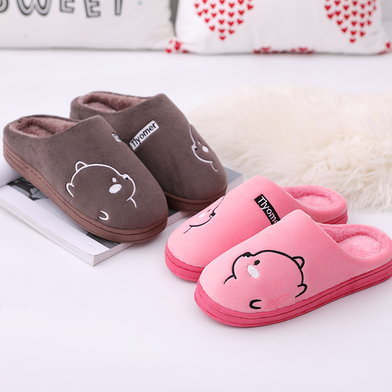 冬季新款韩版卡通小熊棉拖鞋室内外家居防滑保暖情侣毛绒月子棉拖