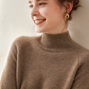 纯色套头 插肩袖 100%纯山羊绒衫 女半高领三股重磅加厚秋冬打底衫