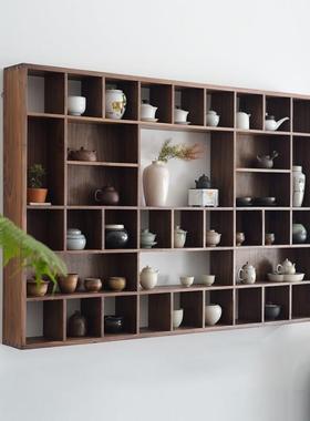 黑胡桃实木瓷器格子架墙面中式置物架茶室家具多宝格茶叶搁板架