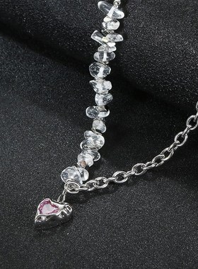 日韩新款甜美粉钻爱心吊坠拼接项链不规则白色天然石简约复古颈链