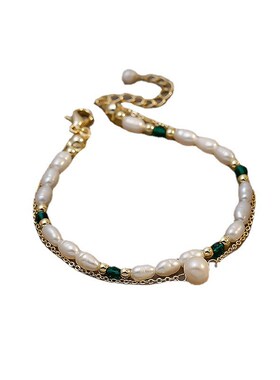 双层复古优雅淡水珍珠手链女设计首饰闺蜜女生手镯祖母绿水晶首饰