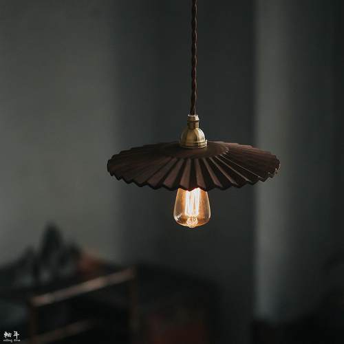 轴年 覆古高端黑胡桃木黄铜吊灯 百褶灯罩 现货