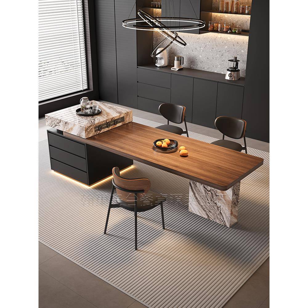 岩板岛台餐桌一体家用可伸缩意式极简高端别墅多功能厨房中导台桌