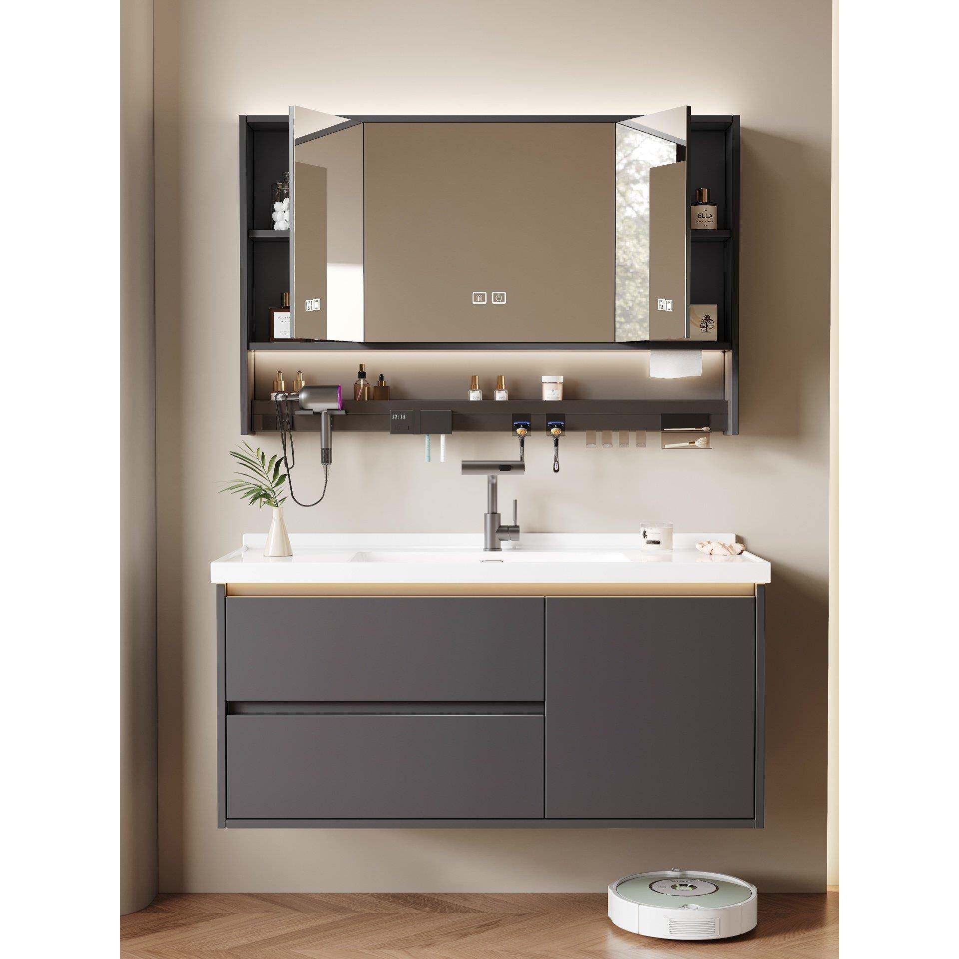 浴室柜隐藏式镜子卫生间智能风水镜柜陶瓷一体洗手盆柜组合洗漱台