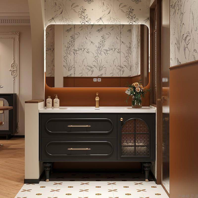 黑色橡木法式落地浴室柜陶瓷一体盆卫生间洗手洗脸盆柜组合卫浴柜