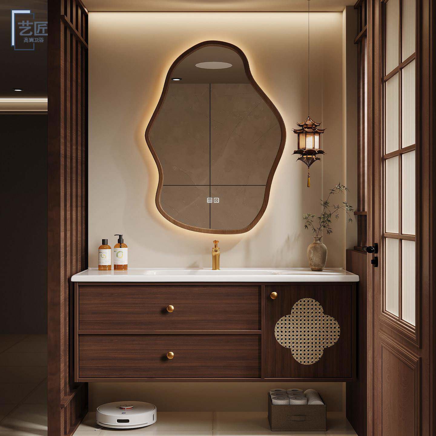 宋氏美学中古风异形镜子藤编浴室柜组合岩板热弯一体盆洗漱台定制