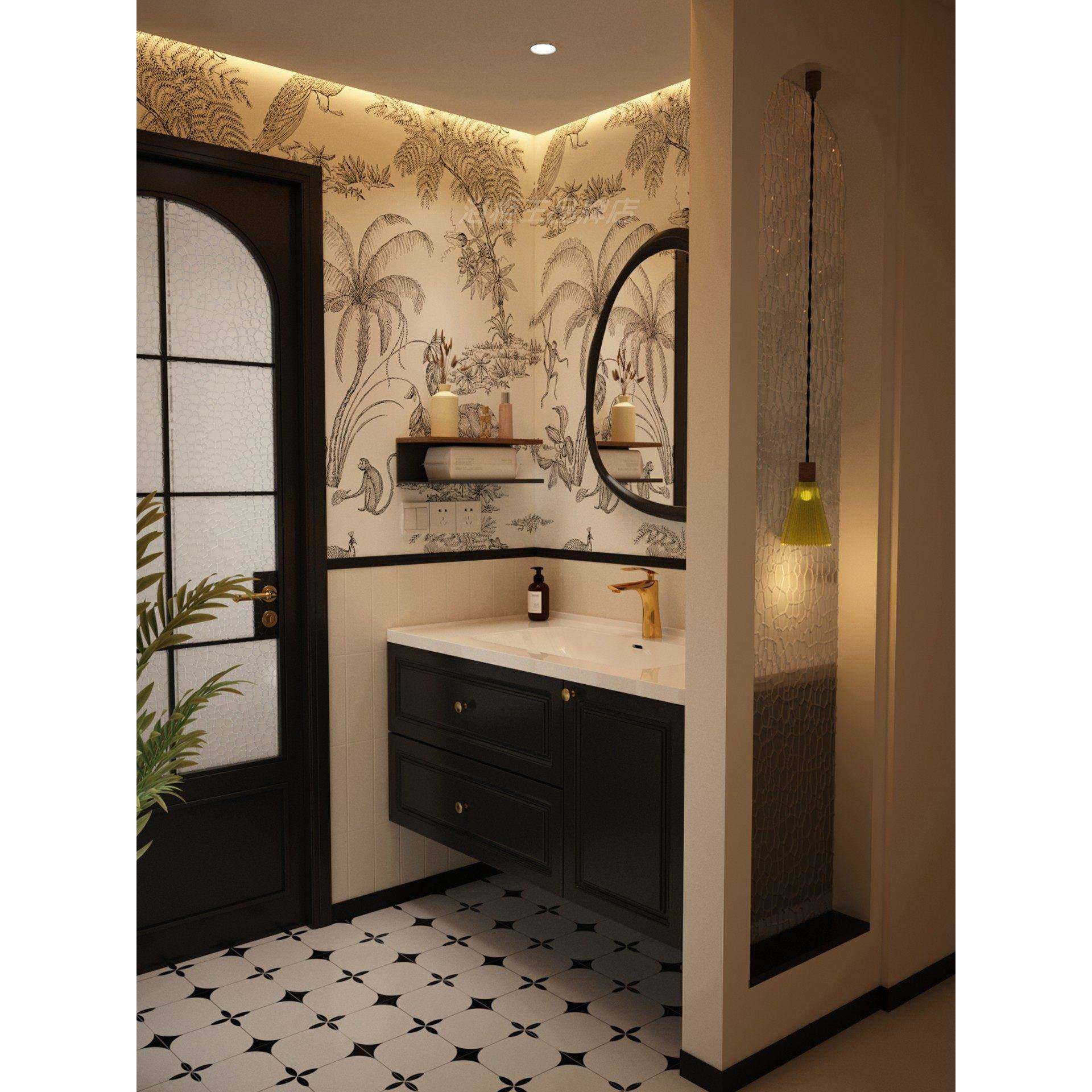 黑色法式浴室柜组合卫生间洗漱台陶瓷一体洗脸盆欧式洗手池中古风