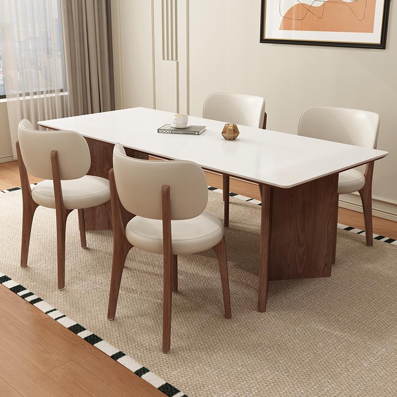 德利丰岩板实木餐桌椅长方形家用小户型白蜡木奶油中古风纯白饭桌