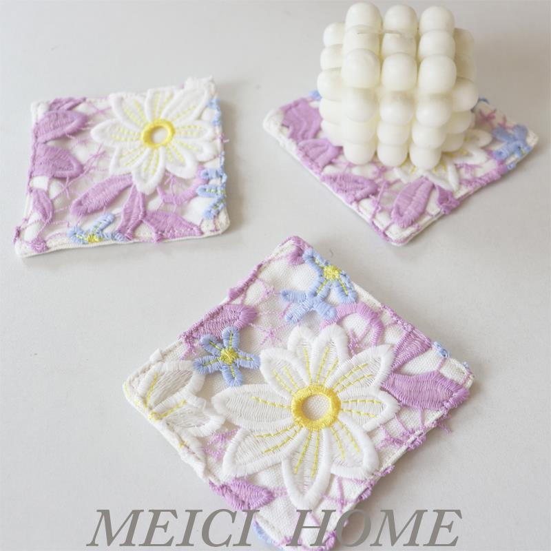 北欧ins蕾丝镂空花卉桌面茶杯茶几垫棉质吸水装饰短毛绒日式杯垫