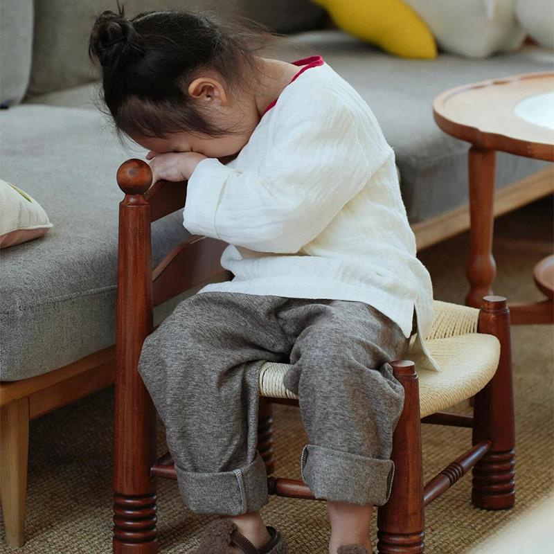 法式中复古绳藤编织靠背矮换鞋凳子家用单人儿童实木椅子户外便携