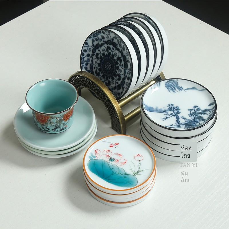 青花杯垫陶瓷圆形茶杯托功夫茶具隔热垫茶雕手荷花圆形茶杯垫子