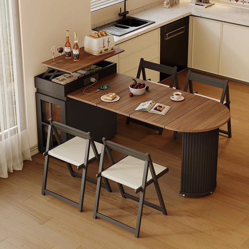 2025新款可伸缩折叠岛台餐桌椅小户型家用一体导台可升降实木餐桌