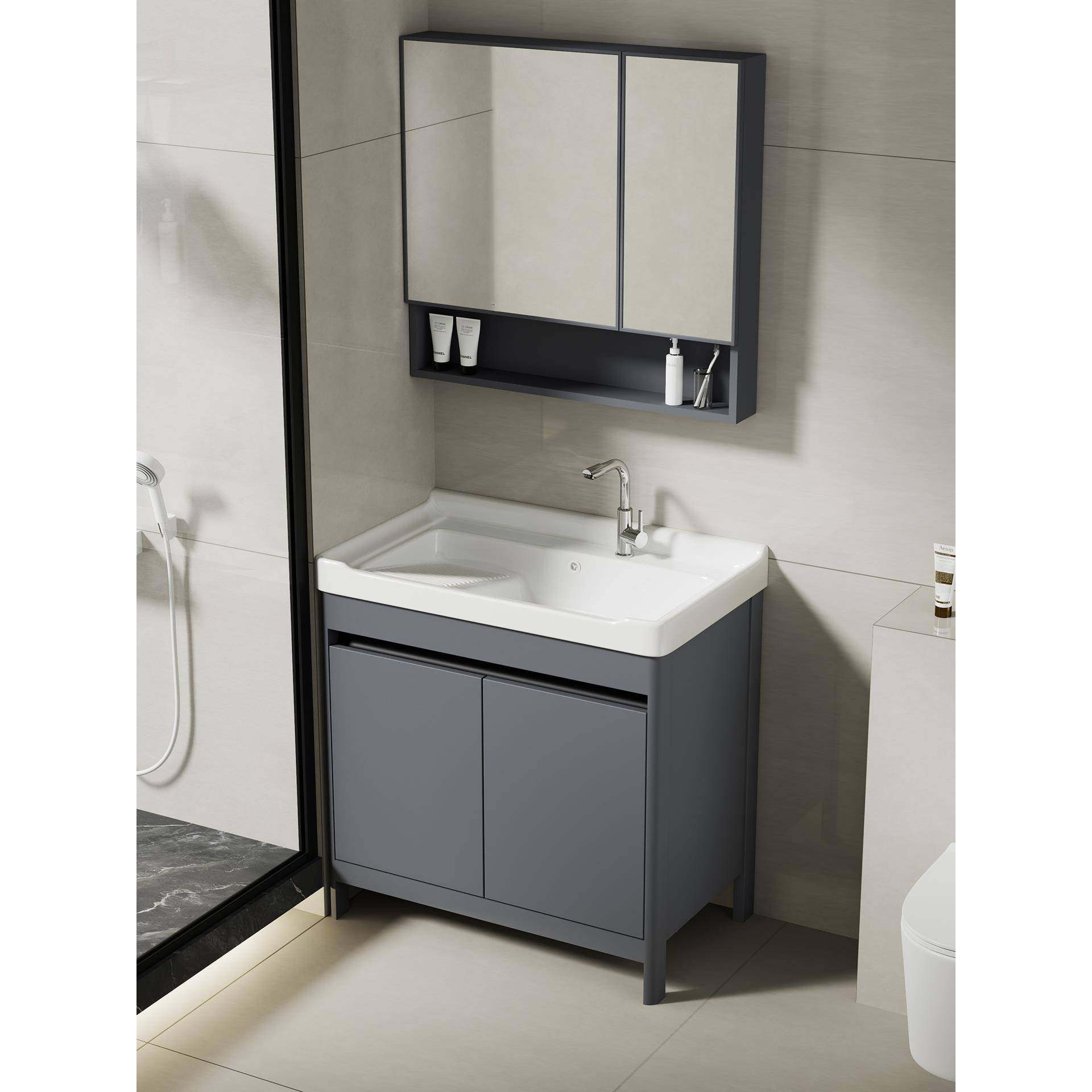 落地式太空铝浴室柜洗漱洗手台一体陶瓷阳台洗手盆洗衣盆带搓衣板