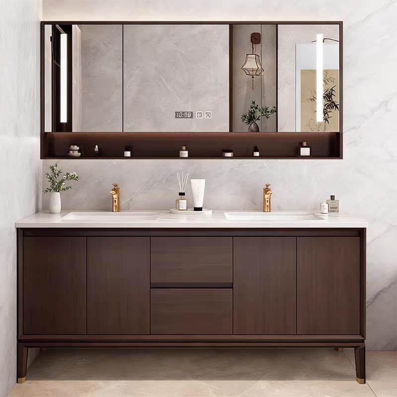 中古风新中式橡木双盆浴室柜实木卫生间洗手脸盆落地一体陶瓷盆