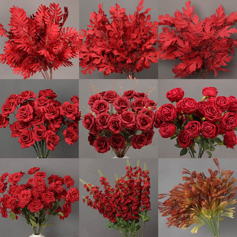 红色彷真花婚庆绢花 婚礼布置装饰花材假花插花材玫瑰红色系花艺