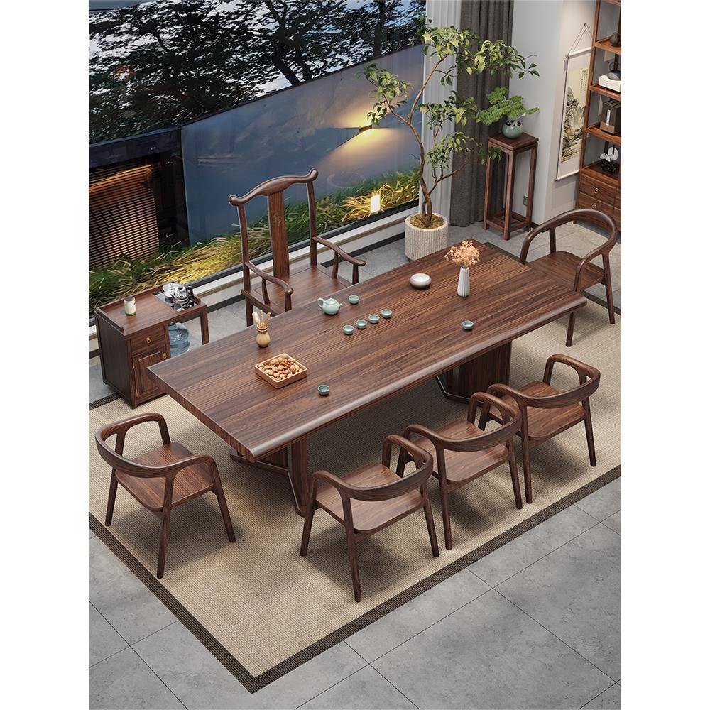 乌金木实木大板茶桌椅组合一桌五椅客厅家用茶几办公室功夫泡茶台