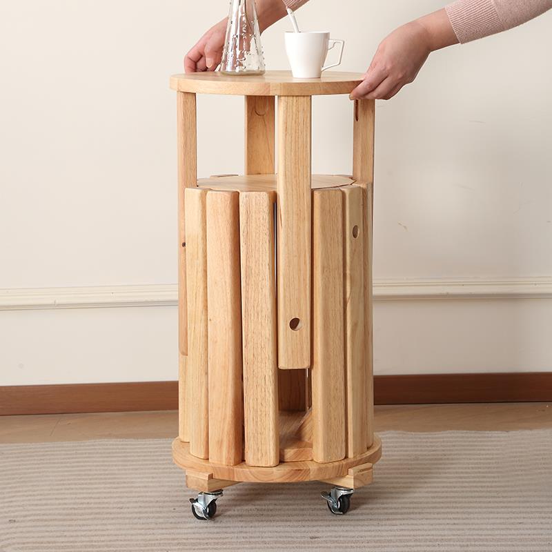 全实木叠叠乐凳子家用餐桌椅子可叠放客厅茶几备用凳组合滑轮圆凳