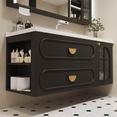 2025年新款带侧柜黑色法式覆古浴室柜组合热弯岩板无缝洗手洗脸台