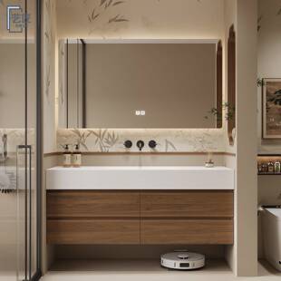 中古风多功能置物架智能镜柜浴室柜组合洗漱台岩板热弯一体盆定制