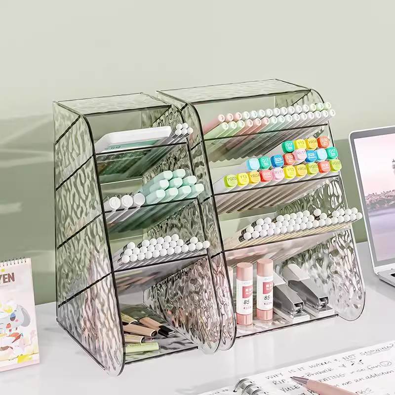 大容量斜插式笔筒儿童学生书桌桌面透明水波纹分区收纳盒置物架
