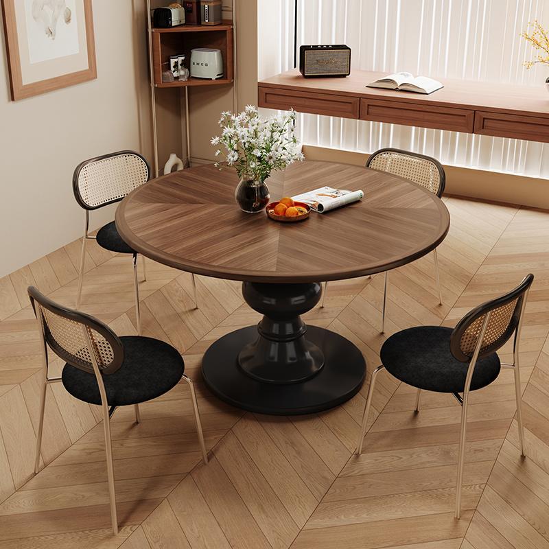 法式中古风高级感圆形餐桌胡桃木色小户型家用黑色实木复古小圆桌