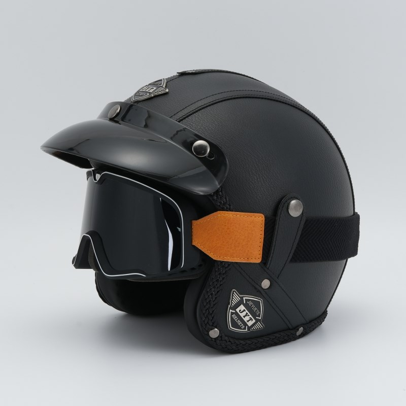 3C认证复古哈雷电动自行车头盔男女机车踏板四分之三盔皮盔