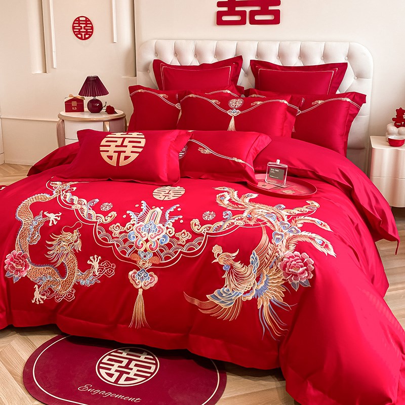 中式龙凤刺绣结婚四件套床单被套婚房大红色婚庆床上用品