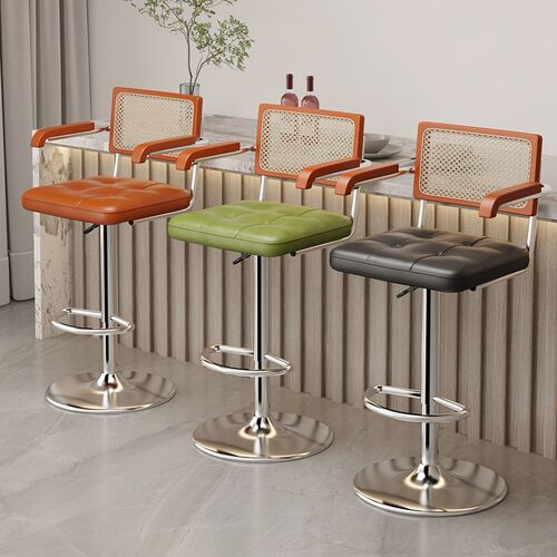 中古风吧台椅子高脚凳家用可升降藤编靠背椅酒吧前台收银旋转吧凳