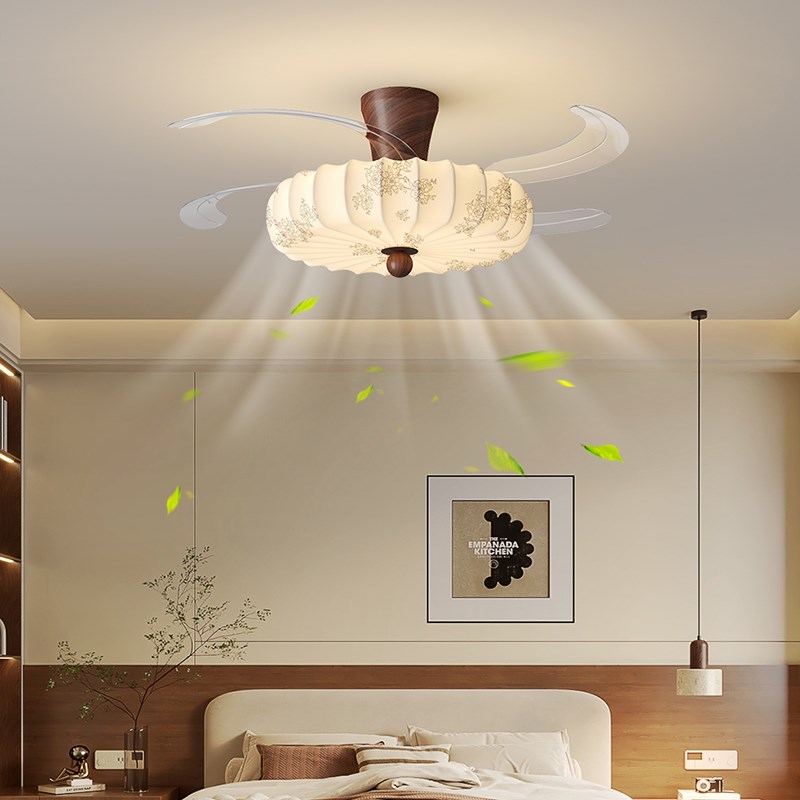 卧室风扇灯吸顶灯中古风复古宋z代美学印花布艺隐形静音餐厅吊扇