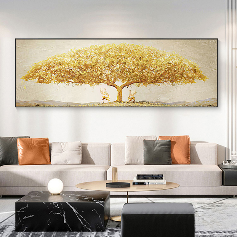 发财树客厅e装饰画沙发背景墙轻奢简约横幅挂画2023新款大气墙壁