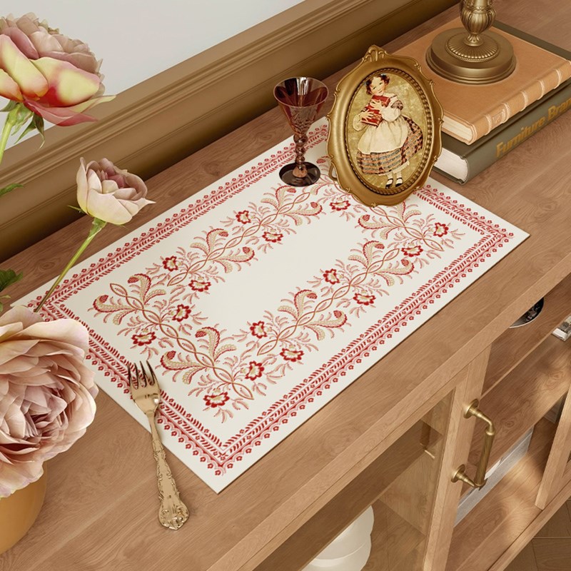 红色法式新年节日希尔薇花皮革餐桌垫台面西餐R垫餐盘碗垫防水防