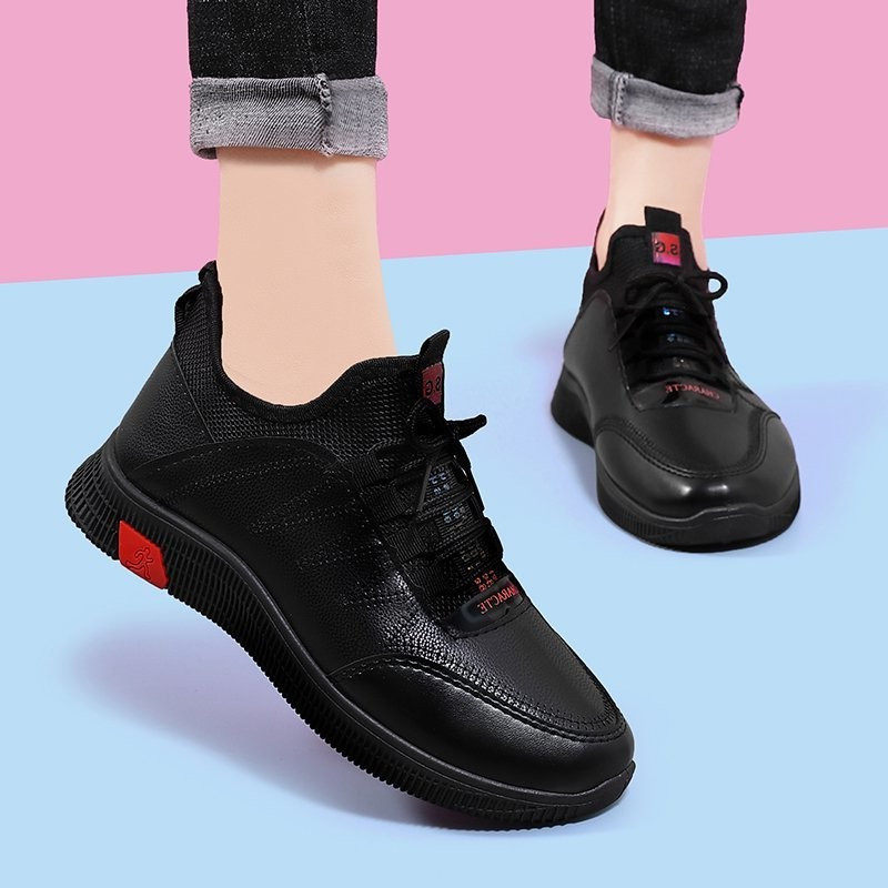 厨房专用鞋上班工作鞋黑色防水防滑女士运动鞋秋冬妈妈皮面二棉鞋