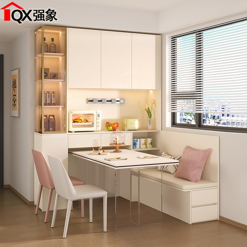 奶油风卡座餐边柜餐桌一体组合定制客厅靠墙收O纳储物柜酒柜G387