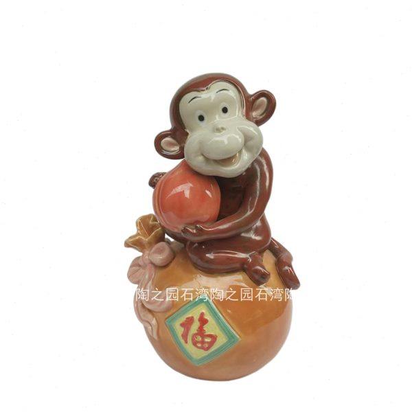 石湾陶瓷公仔手工艺送礼动物家居装饰摆件客厅福字寿桃生肖猴子
