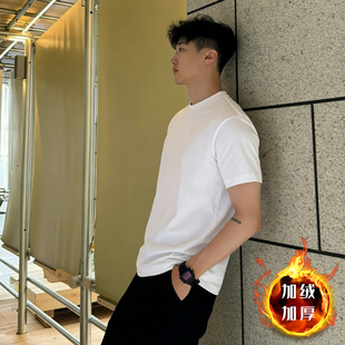 T恤男士 保暖蓄热基础款 复古纯色圆领加绒短袖 美式 上衣打底秋冬季