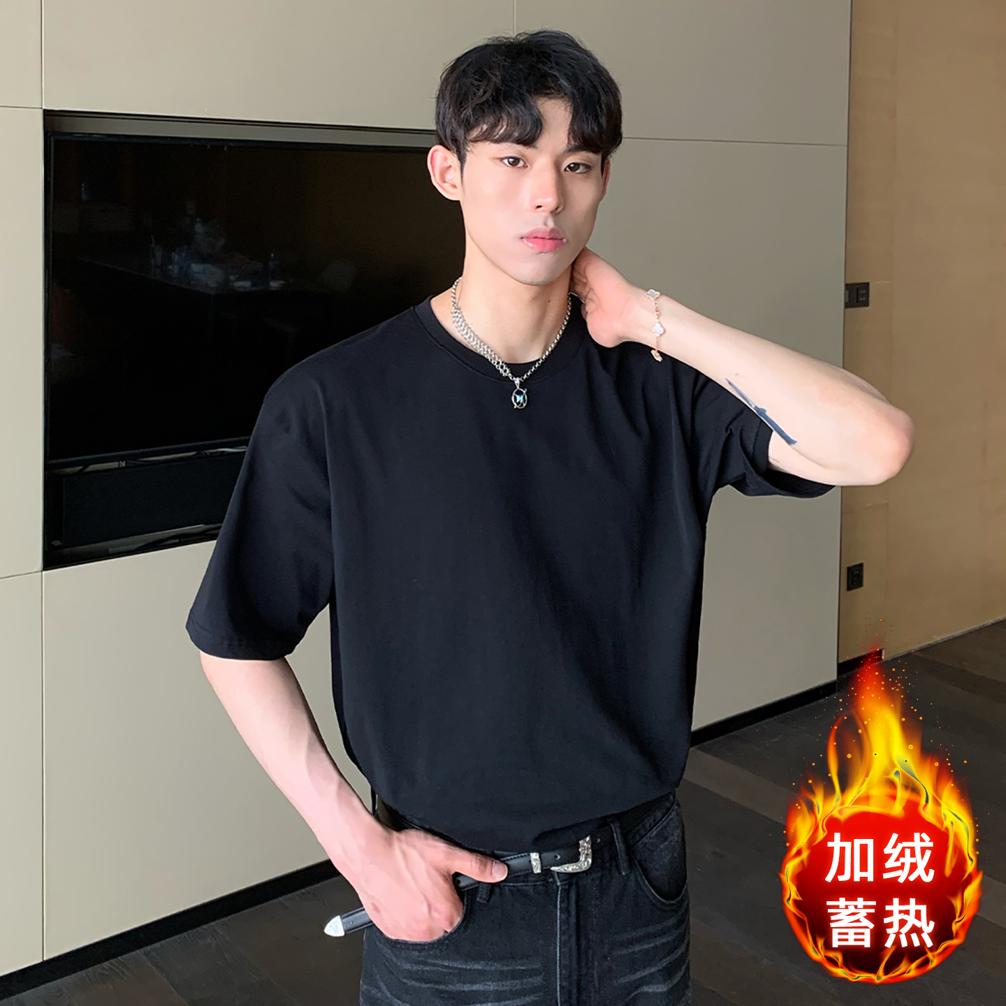 秋冬季加绒蓄热圆领短袖T恤打底