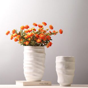 现代简约陶瓷蚕茧花瓶黑白色宽口径插花花器样板房装饰品摆件磨砂