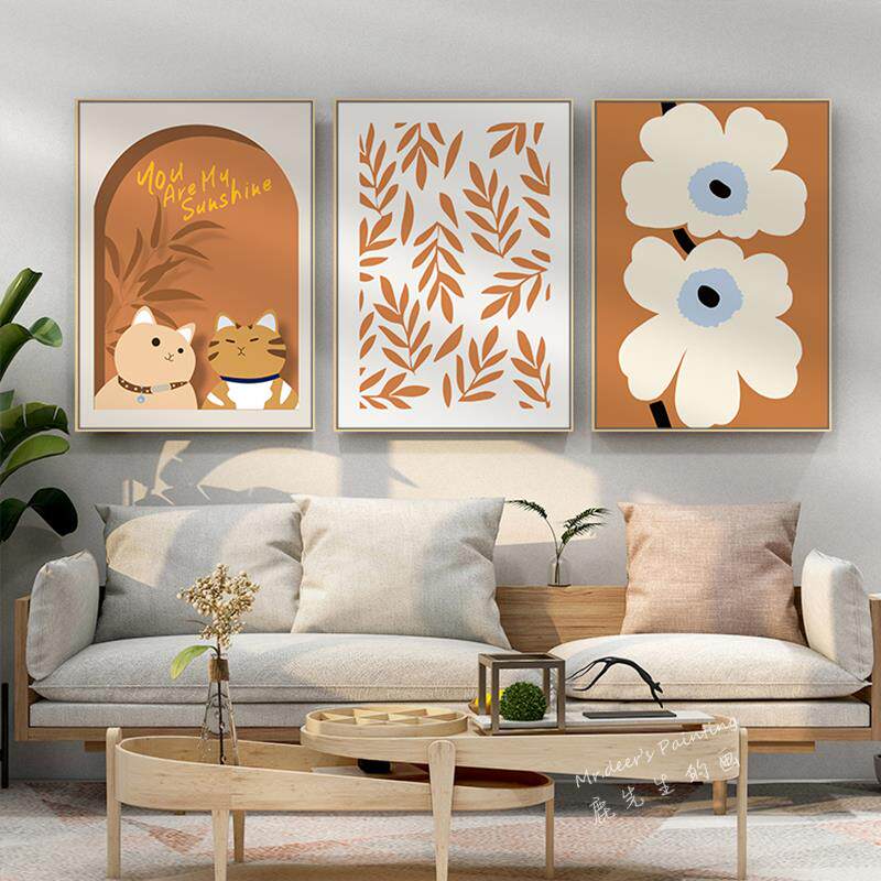 北欧简约风格客厅沙发背景墙装饰画猫咪组合挂画三联画卧室床头画