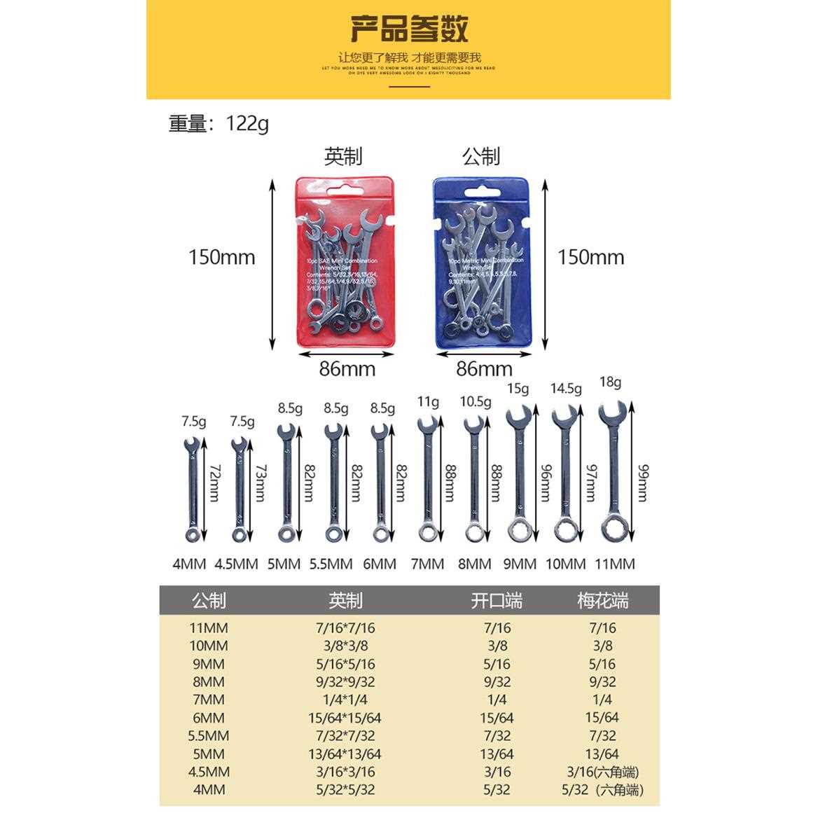 公制/英制 迷你开口扳手 梅花两用套装扳手 套装10pcs