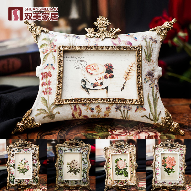 欧式家居陶瓷铜相框装饰摆台高档奢华6寸相框粉彩装饰柜摆件相架